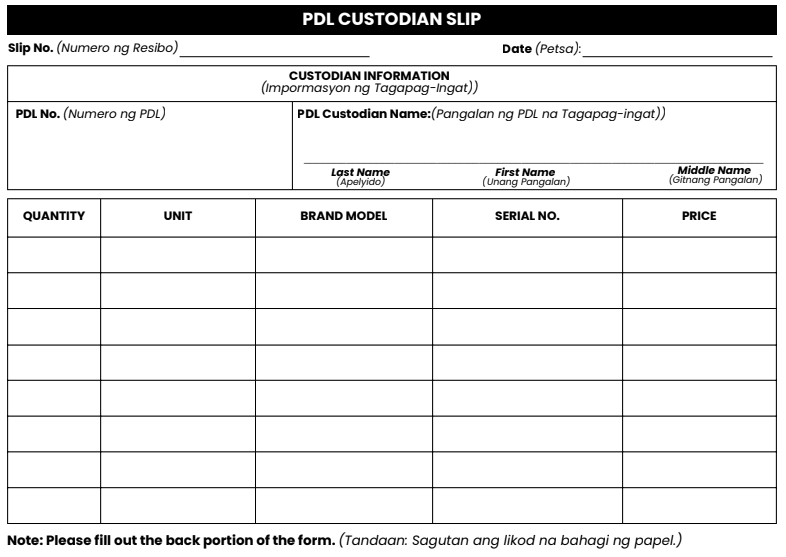 PDL Custodian Slip Front